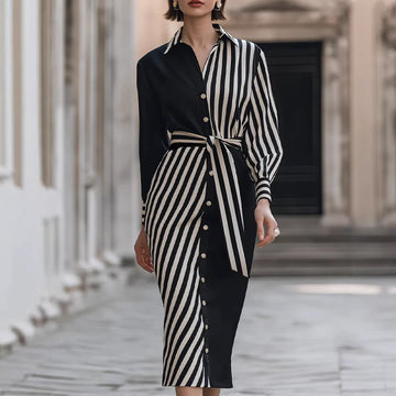 Women’s Lapel Collar Striped Dress – Commuter Style Waist-Cinching Fit