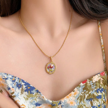 Women’s Vintage Rose Flower Necklace – Oil Painting Inspired Pendant